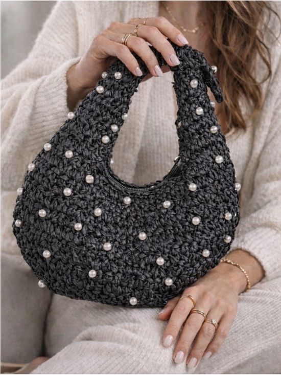 Haute Hippie Handbags - Haute Hippie Charcoal Pearl-Embellished Woven Hobo